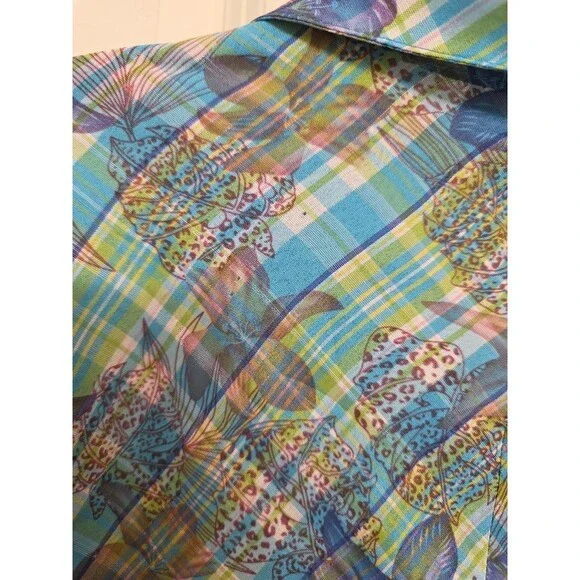 Hollywood Women’s Sheer Button Up Blouse Blue Green Floral Plaid Short Sleeve – - Picture 6 of 12